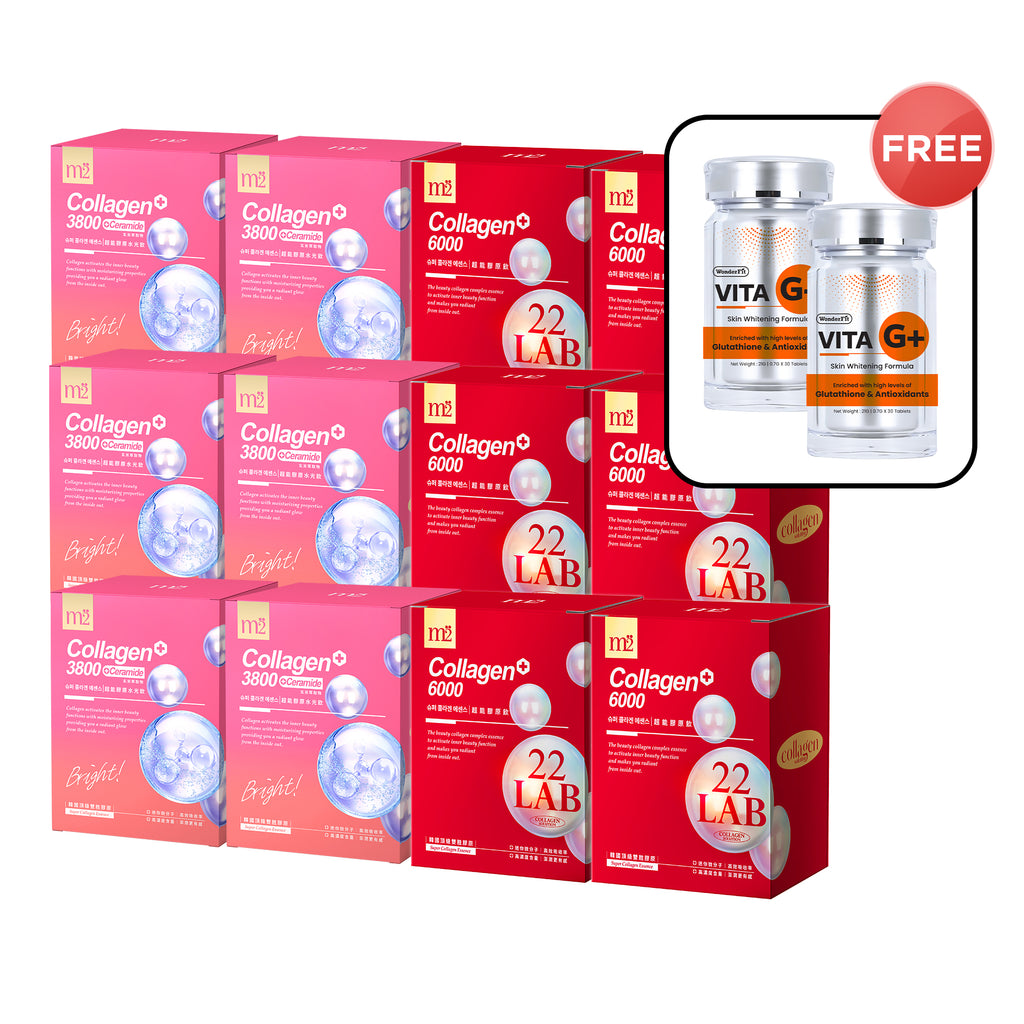 【Flash Sale】M2 22Lab Super Collagen Drink 8s x 6 Boxes + M2 Super Collagen 3800 + Ceramide Drink 8s x 6 Boxes + Free Ujuwon Miracle+ Free Wonderfit Vita G+ 30s x 2