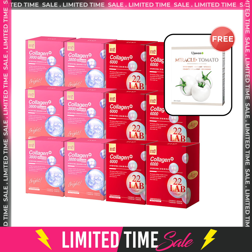 【Flash Sale】M2 22Lab Super Collagen Drink 8s x 6 Boxes + M2 Super Collagen 3800 + Ceramide Drink 8s x 6 Boxes + Free Ujuwon Miracle+ Tomato Skin Booster x 1 Box